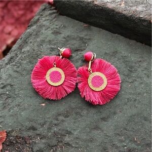 Boho Fringe Tassel Earrings hot pink Gold Circle Drop Statement Earrings 2”